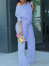 Off-Shoulder Striped Asymmetric Sleeve Pants Set